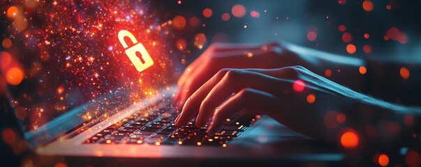 Leinwandbilder - Cybersecurity and data protection concept with hands typing on a laptop keyboard, digital lock hologram floating in the air, bokeh lights background, and advanced generative AI