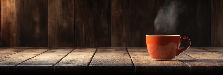 Aufkleber - Warm coffee cup with steam rising on a rustic wooden table creating a cozy atmosphere in a tranquil setting. Generative AI