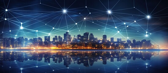 Smart city and abstract blue polygon lines connection technology. AI generated image