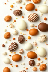 Wall Mural - Assorted chocolate Easter eggs with decorative patterns on white background.