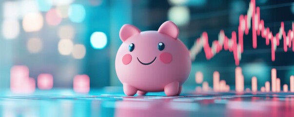 A cheerful pink piggy bank stands in front of a colorful financial chart, symbolizing savings and investment in a vibrant, modern setting.