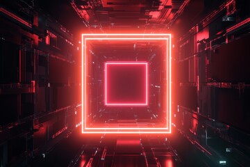 Leinwandbilder - Futuristic microchip design with glowing neon lights in a geometric tunnel structure. Generative AI