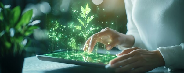 Aufkleber - Corporate professional using a digital tablet with floating ESG holograms