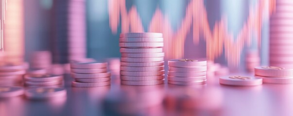 Wall Mural - a collection of stacked coins with a blurred background displaying financial growth through rising g