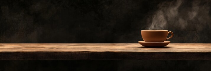 Leinwandbilder - Warm coffee cup with rising steam on rustic wooden table in a cozy setting during morning hours. Generative AI