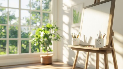 Wall Mural - Bright and airy artist's studio with an easel, potted plant, and sunlight streaming through windows