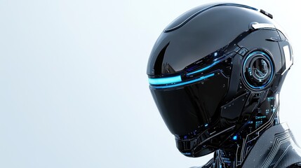 A sleek, futuristic robot head features a shiny black exterior and glowing blue accents against a light background.