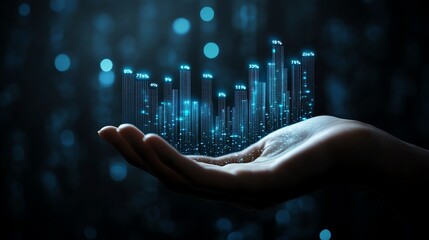 Leinwandbilder - Hand displaying a glowing financial bar chart with percentage signs on a dark background, representing growth and business success, hightech, ultrarealistic, highresolution