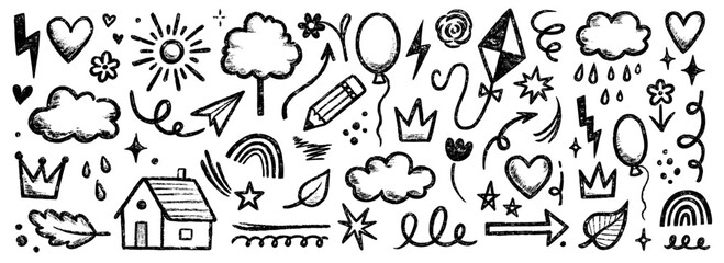 Aufkleber - Kid crayon chalk line cloud, flower children sticker set. Hand drawn crayon doodle sketch childish cute element set. Chalk star, heart, flower color cute element background. Vector illustration
