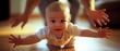 © Ai Studio - A joyful baby crawls forward, arms outstretched under the watchful guidance of a parent, embodying innocent discovery and happiness.