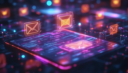 Poster - Digital notification alerts and email icons floating over tablet screen