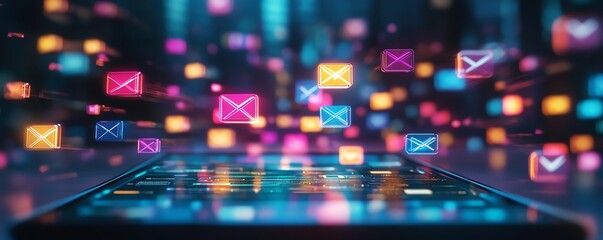 Poster - Digital notification alerts and email icons floating over tablet screen