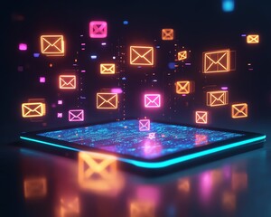 Poster - Floating digital email notifications above a tablet screen, glowing icons, hightech interface, modern design, vibrant colors, ultrarealistic, futuristic technology