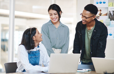 Poster - Creative, advice and group of business people with laptop, collaboration and data analysis. Research, planning and graphic design team in office on website with online project for startup development