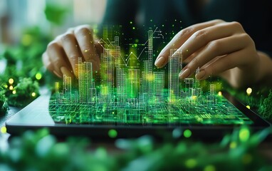 Leinwandbilder - Interactive ESG investment strategy concept with holographic interface on a tablet, featuring graphs and data on sustainability and governance, modern, hightech, sleek design