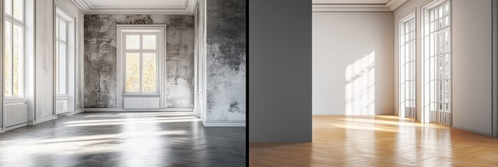 Leinwandbilder - Old dark interiors contrast with bright modern renovated design in split view of room. Generative AI