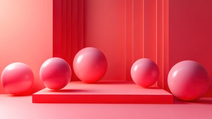 Poster - Pink spheres on coral platform against striped wall.