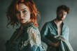 © Thedinindu - A redhead woman in a denim jacket with lace detail, a man in the background out of focus.