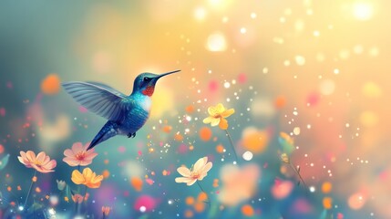 Poster - Hummingbird in flight over colorful flowers at sunset.