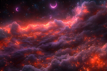 Wall Mural - Fiery cloudscape, celestial moons, night sky