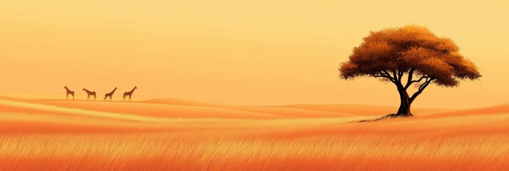 Poster - Lone acacia tree stands in the orange savanna with giraffes grazing in the distance during sunset. Generative AI