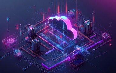 Aufkleber - Cloud computing technology concept, digital art showing detailed cloud infrastructure and virtual data flow, interconnected systems