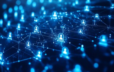 Aufkleber - Dark blue background with futuristic interface design, connected world in the center, human resources technology and innovation
