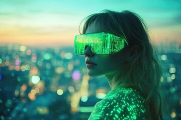 A futuristic woman, wearing glowing glasses displaying code, overlooks a vibrant cityscape at twilight.