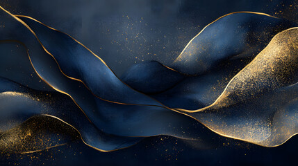 Wall Mural - Blue and gold background featuring a fluid interplay of deep navy and gold colors in an abstract design