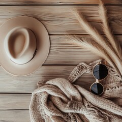 Leinwandbilder - Stylish fashion accessories arranged on a wooden table with natural textures and warm colors during daylight. Generative AI