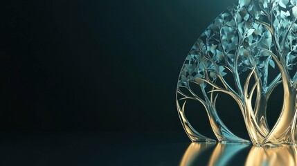 Poster - Glowing reflections in a glass forest showcasing abstract tree shapes and luminous effects at twilight. Generative AI