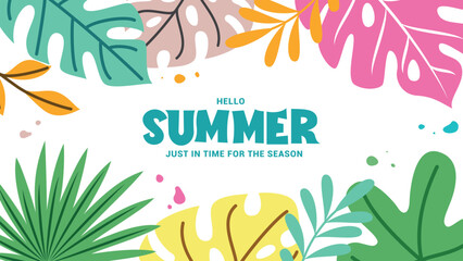 Wall Mural - hello summer greeting clipart background. summer tropical leaves in colorful abstract clip art drawi