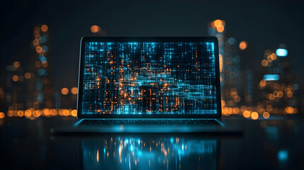 Cityscape night, laptop screen data flow