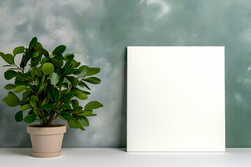 Wall Mural - Green Wall Mockup with Plant Pot and White Canvas