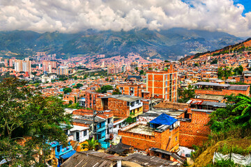 Wall Mural - Skyline of the city of Medellin from a hillside neighborhood in Antioquia, Colombia