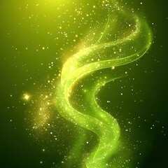 Green abstract flowing light with sparkles and glowing effect on a dark background