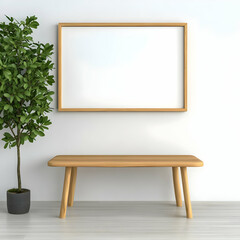 Wall Mural - Minimalist 3D Room Illustration: Wooden Table, Plant, Blank Frame