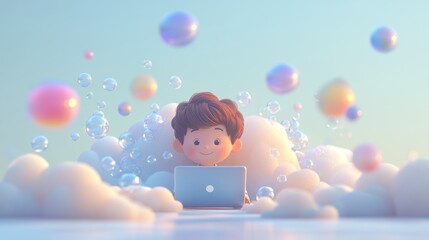 Wall Mural - Happy boy using laptop in dreamy cloud scene.