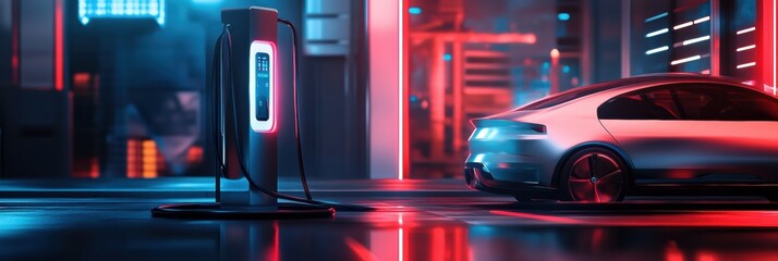 Poster - Futuristic electric vehicle charging station in a high tech urban environment at night. Generative AI