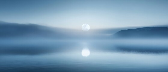 Wall Mural - A full moon casts a luminous reflection on still waters beneath a hazy sky, creating an otherworldly and tranquil scene that embodies nighttime serenity.