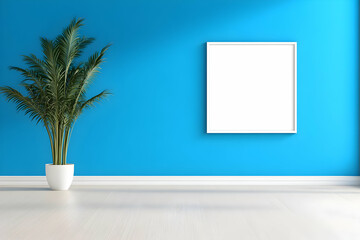 Wall Mural - 3D Render Bright Blue Room with Plant and Frame