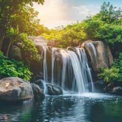 Poster - Majestic waterfall cascading over rocks surrounded by lush greenery at sunset near a tranquil pond. Generative AI
