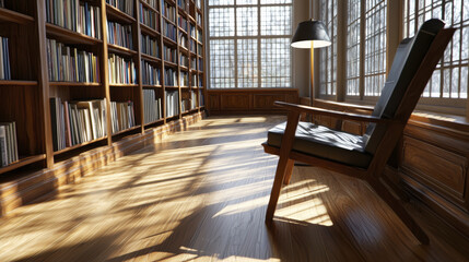 Wall Mural - cozy reading nook with wooden chair, bookshelves, and sunlight streaming through large windows