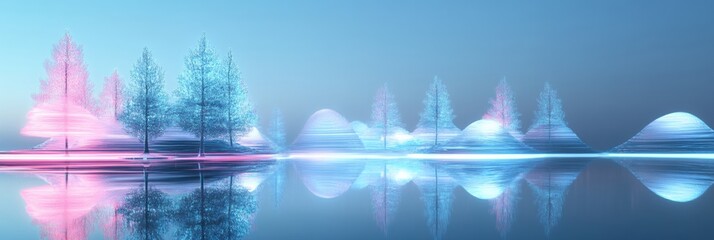 Leinwandbilder - Abstract glass forest with glowing tree shapes reflected in calm water at twilight. Generative AI
