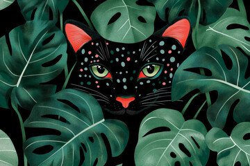 Wall Mural - black cat with colorful spots peeks through lush green leaves