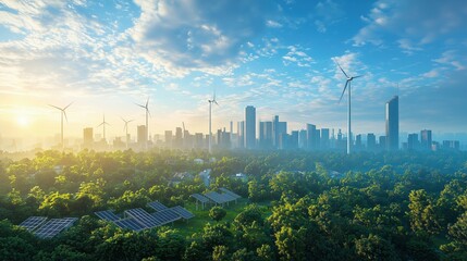 Futuristic Urban Landscape with Renewable Energy Wind Turbines and Solar Panels Surrounded by Lush Greenery and Modern Skyscrapers at Sunrise