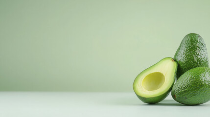 Fresh avocados on green background, showcasing their vibrant color and texture