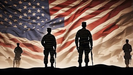 Memorial Day - American flag with soldiers' silhouettes banne, holiday banner poster background for advertisement ads