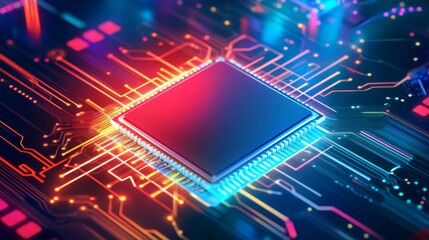 Leinwandbilder - A vibrant close-up of a microchip surrounded by glowing circuitry, showcasing advanced technology and intricate design.