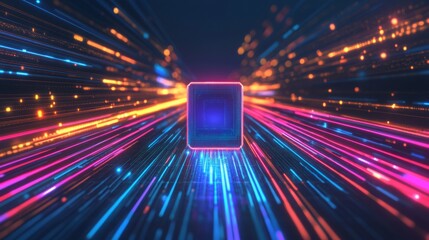 Poster - A vibrant digital landscape featuring glowing lines of light converging towards a central luminous square, evoking a sense of speed and technology.